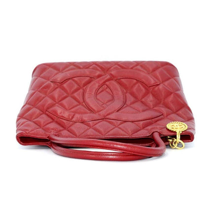 Authentic Chanel Caviar Leather Medallion Tote Quilted Shoulder Bag Red - The Reluxe