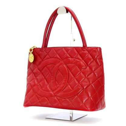 Authentic Chanel Caviar Leather Medallion Tote Quilted Shoulder Bag Red - The Reluxe