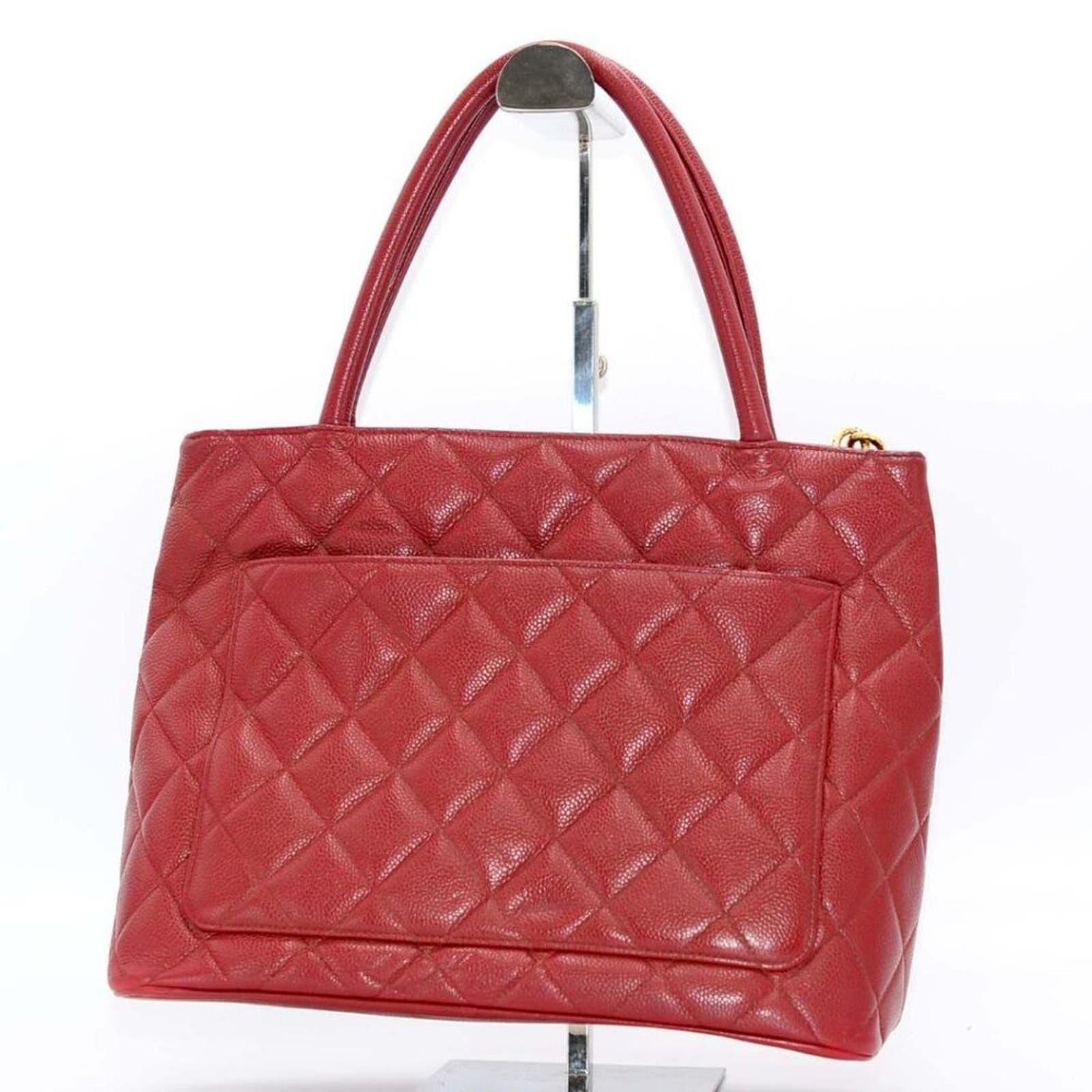 Authentic Chanel Caviar Leather Medallion Tote Quilted Shoulder Bag Red - The Reluxe