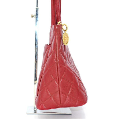 Authentic Chanel Caviar Leather Medallion Tote Quilted Shoulder Bag Red - The Reluxe