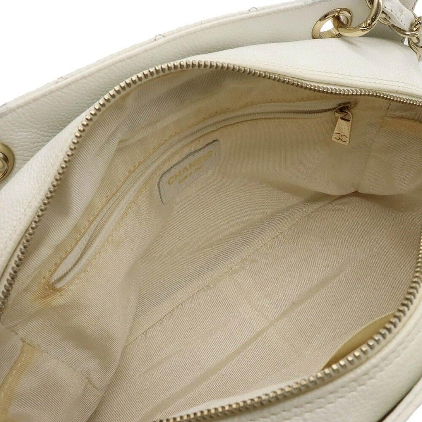 Authentic Chanel Caviar Leather Petite Shopping Tote Quilted Shoulder Bag White - The Reluxe