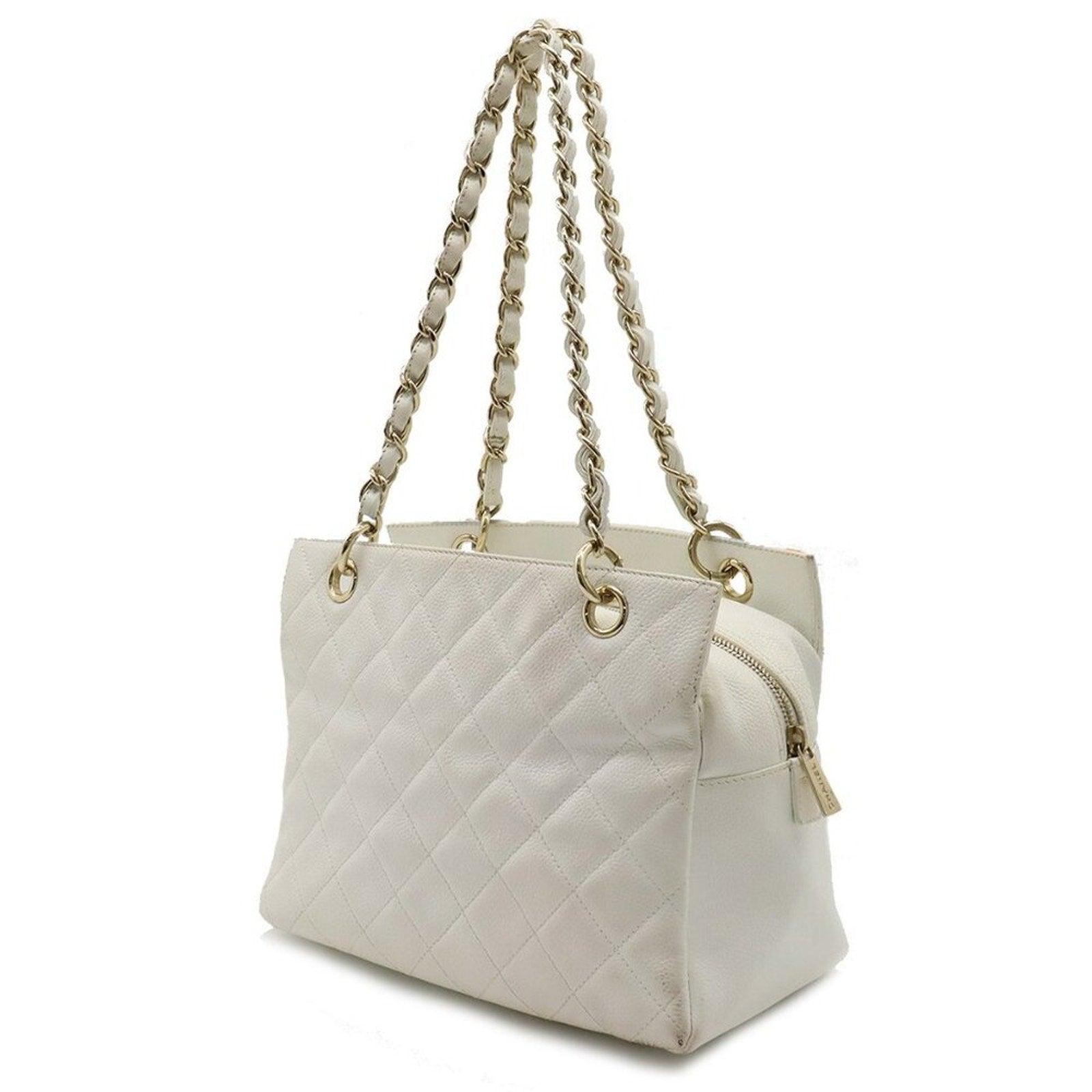 Authentic Chanel Caviar Leather Petite Shopping Tote Quilted Shoulder Bag White - The Reluxe