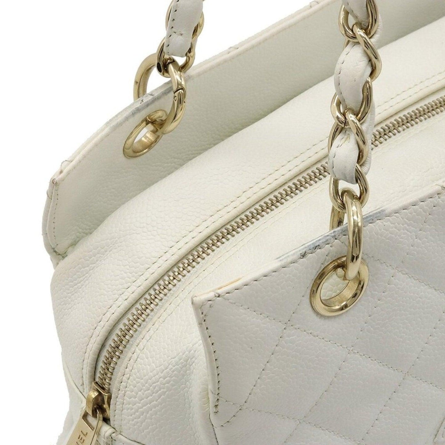 Authentic Chanel Caviar Leather Petite Shopping Tote Quilted Shoulder Bag White - The Reluxe