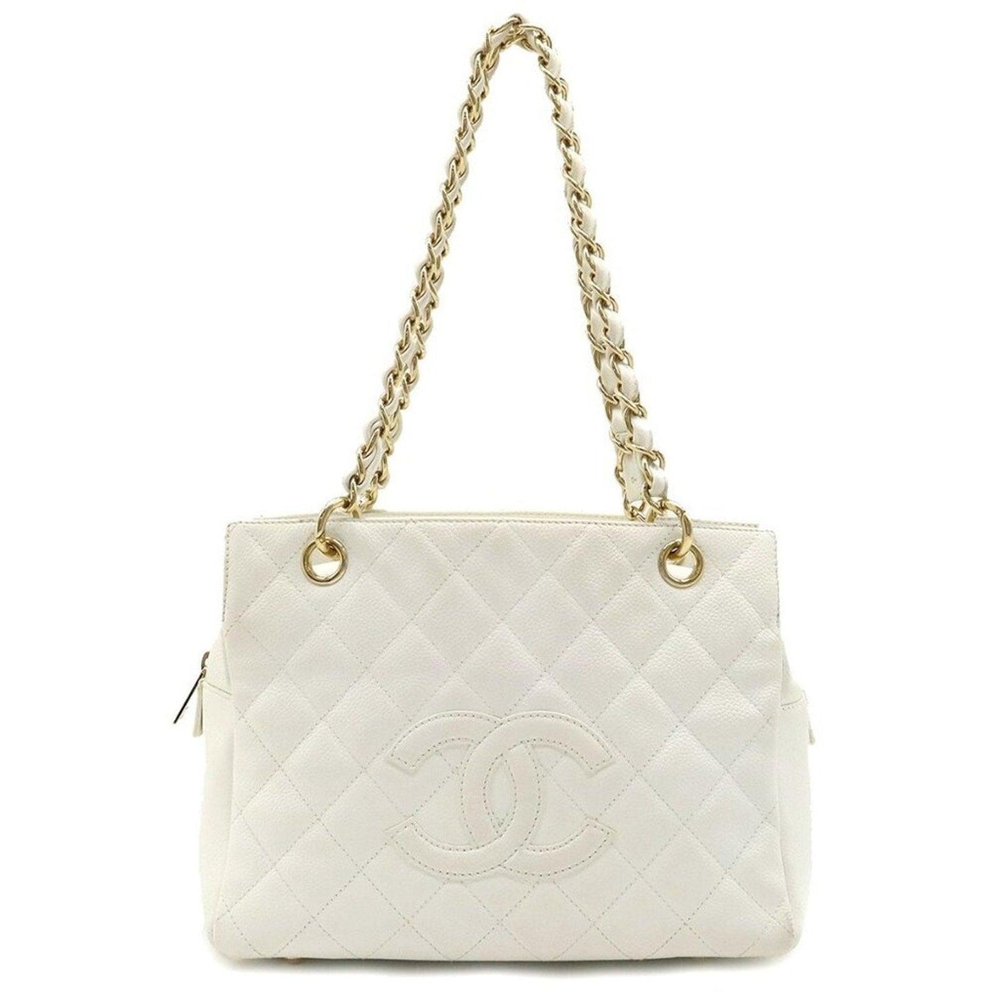 Authentic Chanel Caviar Leather Petite Shopping Tote Quilted Shoulder Bag White - The Reluxe