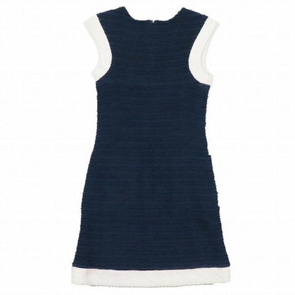 Authentic CHANEL CC 14SS Vintage Tweed Knit Short Dress Sleeveless Navy White 36 - The Reluxe