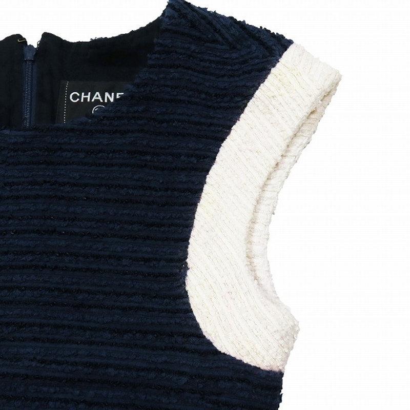 Authentic CHANEL CC 14SS Vintage Tweed Knit Short Dress Sleeveless Navy White 36 - The Reluxe