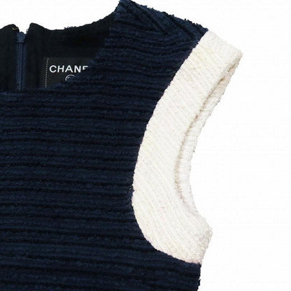 Authentic CHANEL CC 14SS Vintage Tweed Knit Short Dress Sleeveless Navy White 36 - The Reluxe