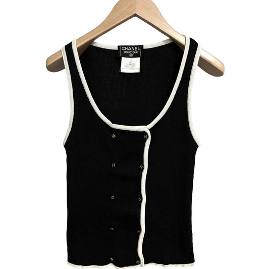 Authentic CHANEL CC 95P Vintage Tank Top Vest Black White Button Up 38 - The Reluxe