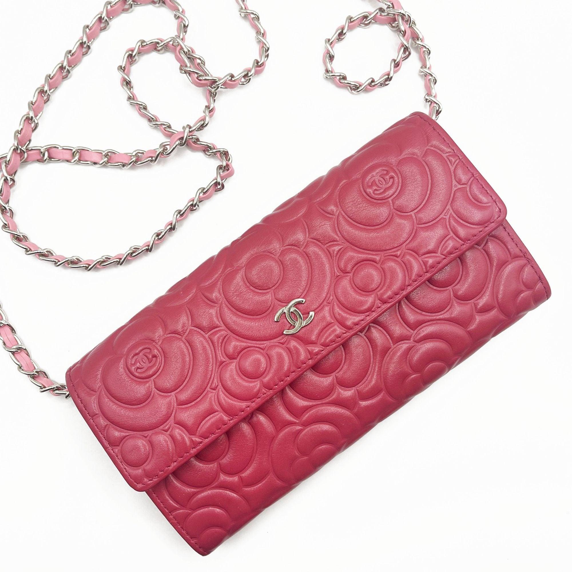 Authentic CHANEL CC Camellia Lambskin Quilted Flap Wallet on Chain Pink Shoulder - The Reluxe