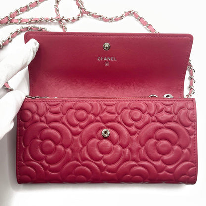 Authentic CHANEL CC Camellia Lambskin Quilted Flap Wallet on Chain Pink Shoulder - The Reluxe