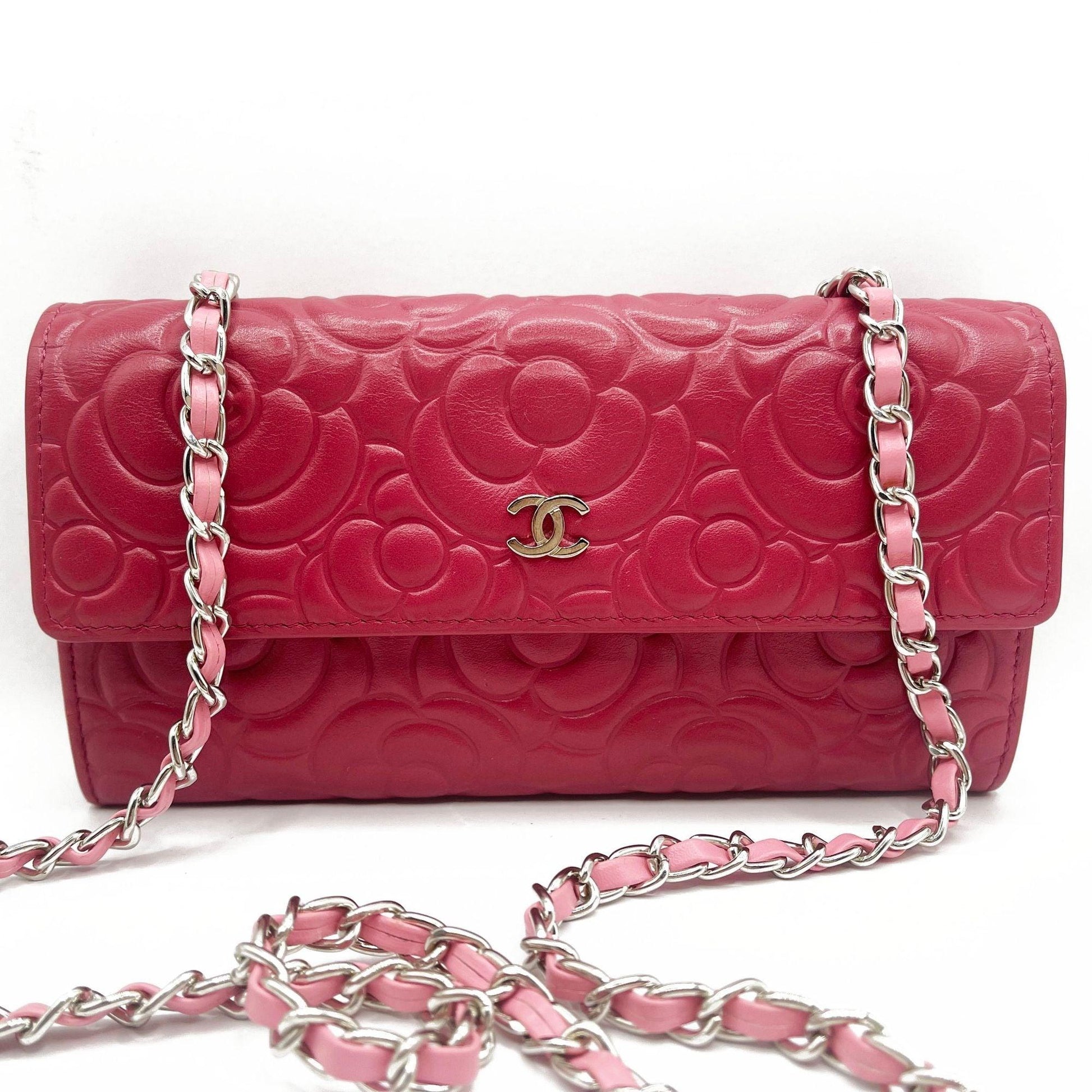 Authentic CHANEL CC Camellia Lambskin Quilted Flap Wallet on Chain Pink Shoulder - The Reluxe