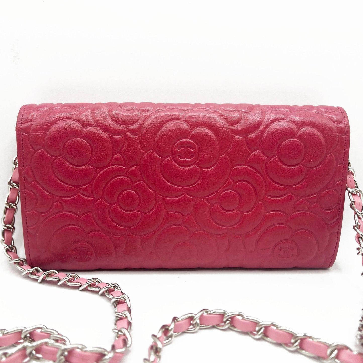 Authentic CHANEL CC Camellia Lambskin Quilted Flap Wallet on Chain Pink Shoulder - The Reluxe