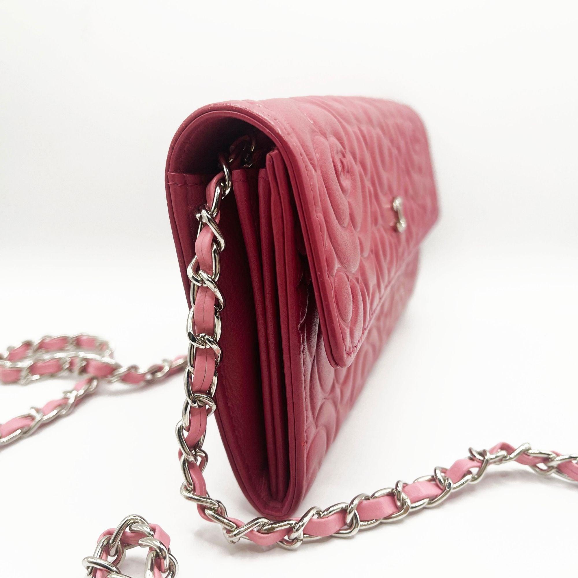 Authentic CHANEL CC Camellia Lambskin Quilted Flap Wallet on Chain Pink Shoulder - The Reluxe