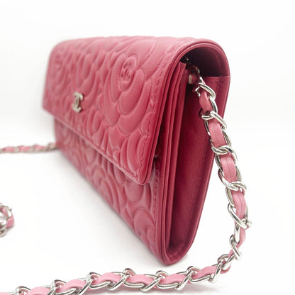 Authentic CHANEL CC Camellia Lambskin Quilted Flap Wallet on Chain Pink Shoulder - The Reluxe