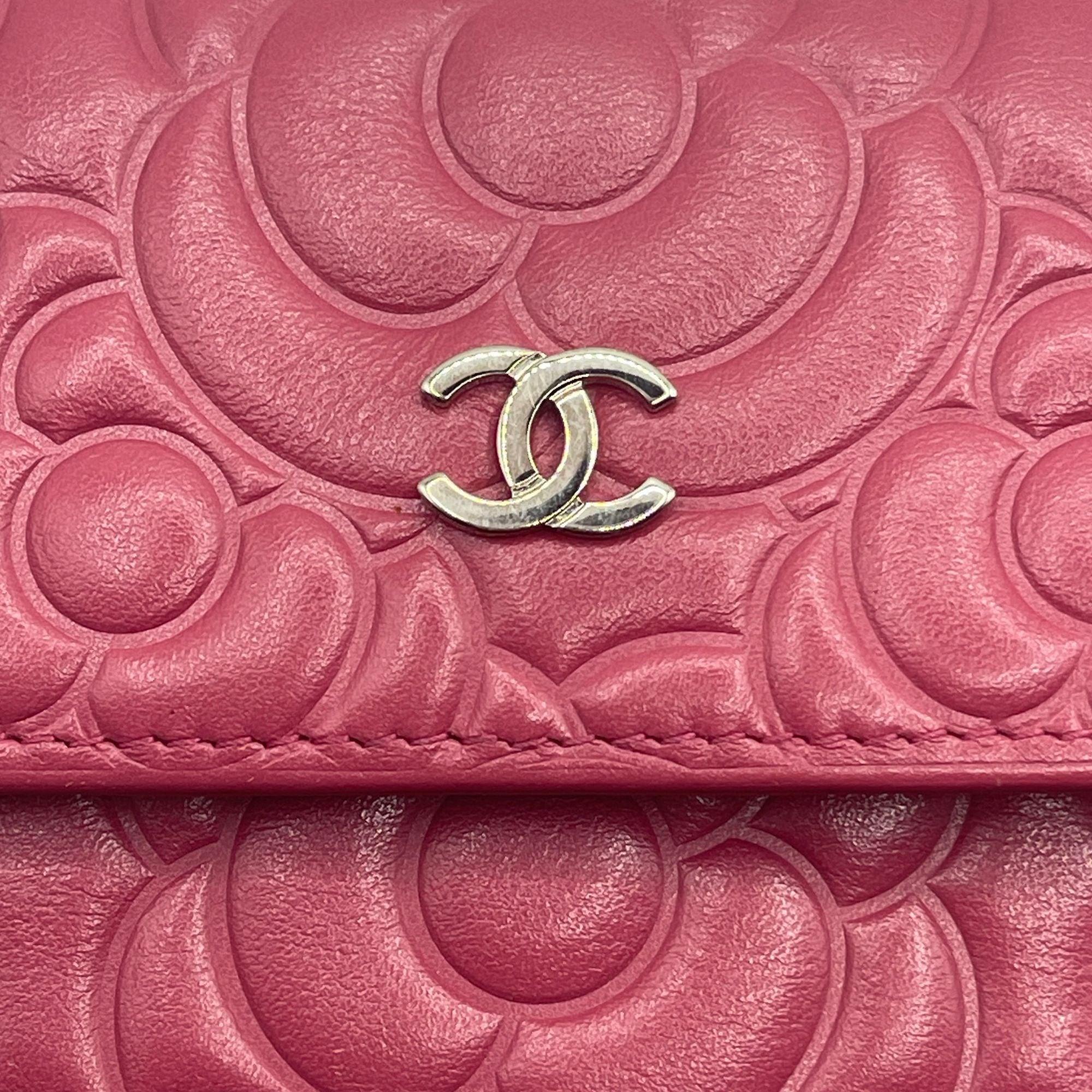 Authentic CHANEL CC Camellia Lambskin Quilted Flap Wallet on Chain Pink Shoulder - The Reluxe