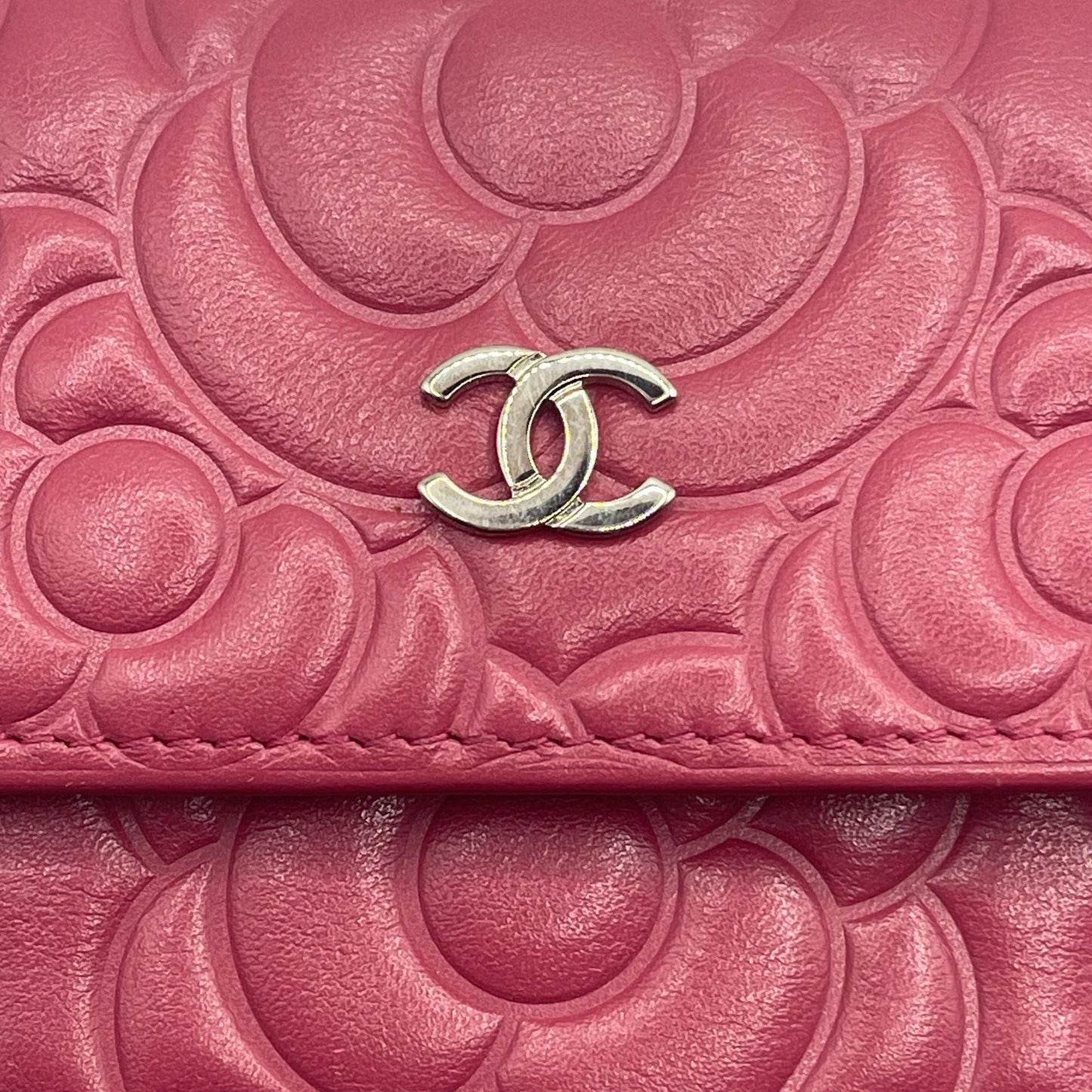 Authentic CHANEL CC Camellia Lambskin Quilted Flap Wallet on Chain Pink Shoulder - The Reluxe