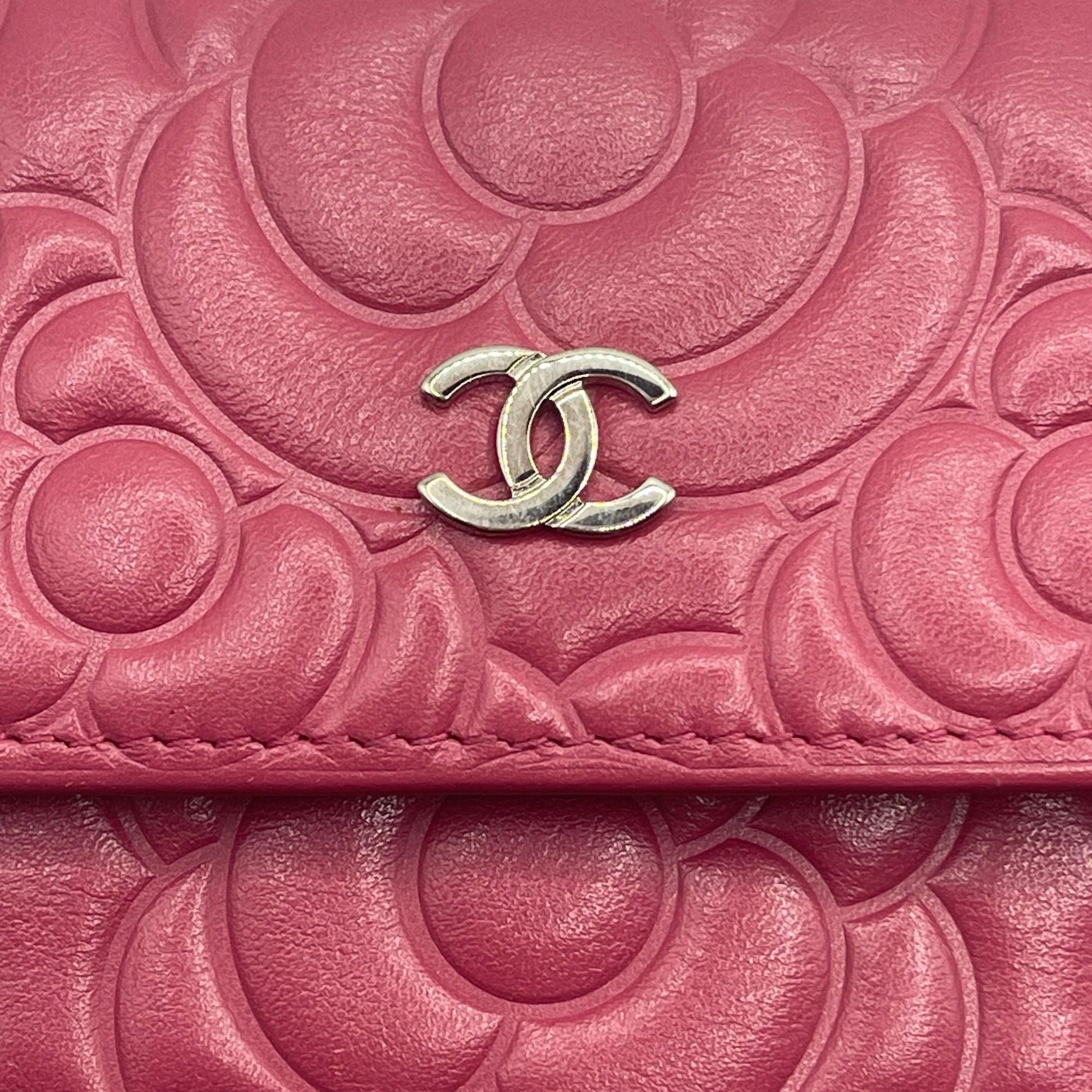 Authentic CHANEL CC Camellia Lambskin Quilted Flap Wallet on Chain Pink Shoulder - The Reluxe