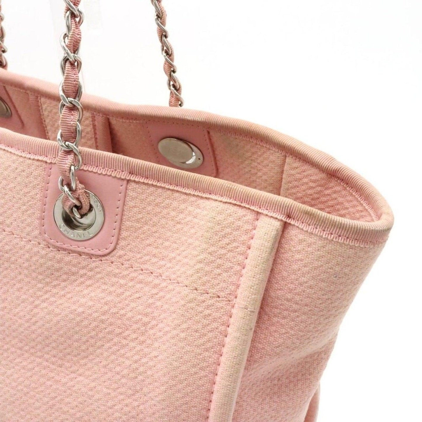 Authentic CHANEL CC Canvas Deauville Tote Pink White Chain Shoulder Bag - The Reluxe