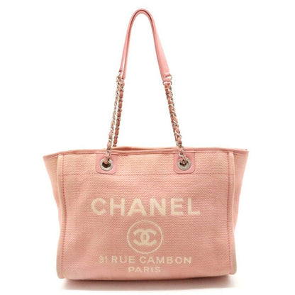 Authentic CHANEL CC Canvas Deauville Tote Pink White Chain Shoulder Bag - The Reluxe