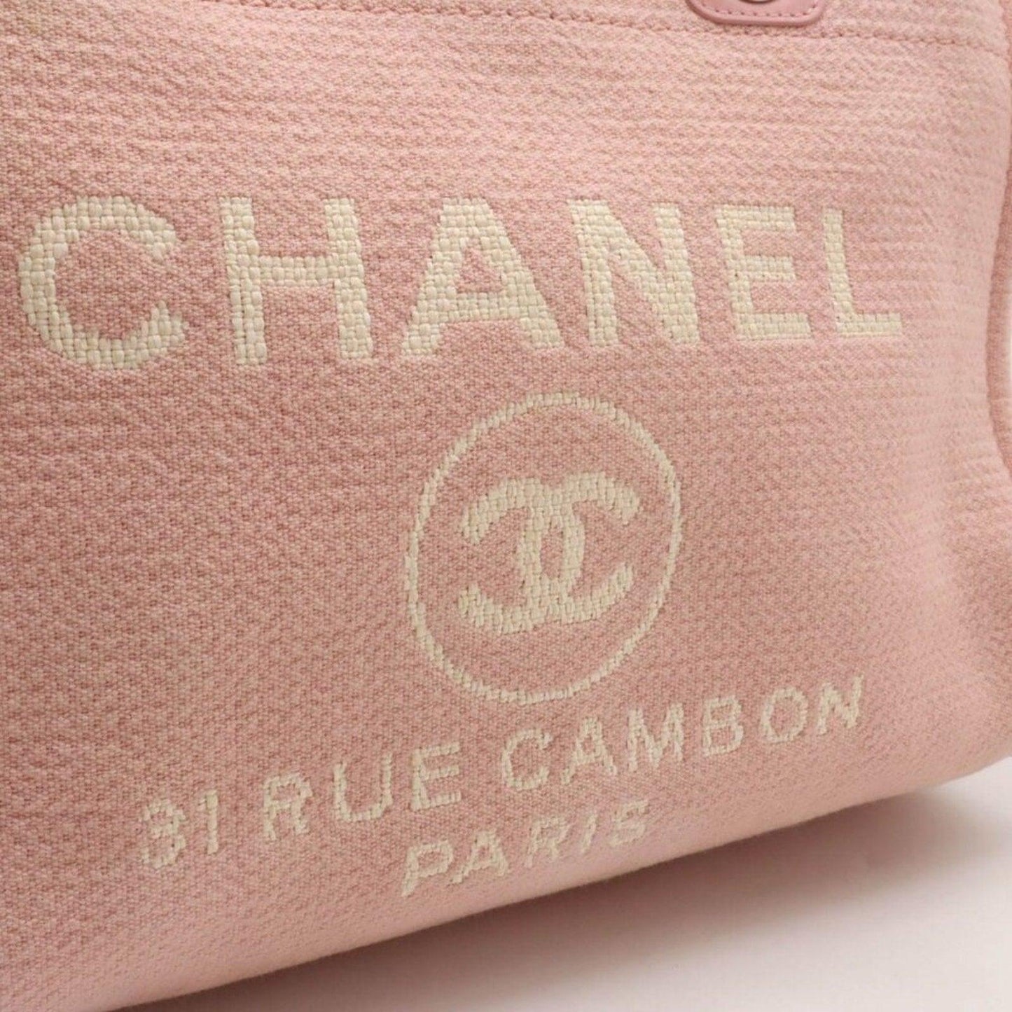 Authentic CHANEL CC Canvas Deauville Tote Pink White Chain Shoulder Bag - The Reluxe