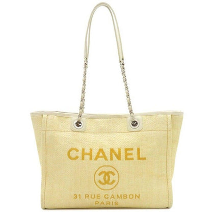 Authentic CHANEL CC Canvas Deauville Tote Yellow White Chain Shoulder Bag - The Reluxe