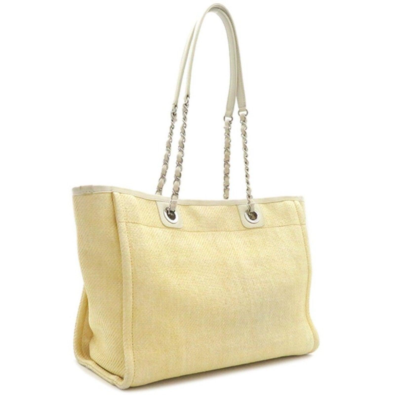 Authentic CHANEL CC Canvas Deauville Tote Yellow White Chain Shoulder Bag - The Reluxe