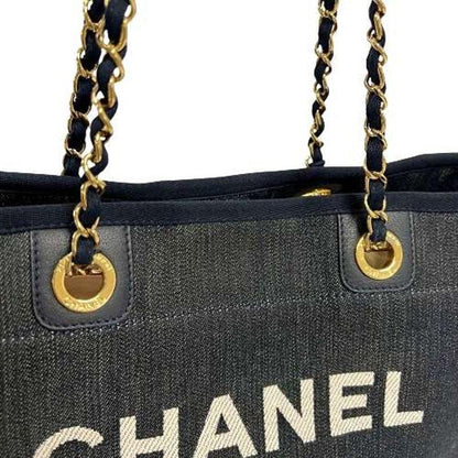 Authentic CHANEL CC Canvas MM Deauville Tote Beige Black Chain Shoulder Bag - The Reluxe