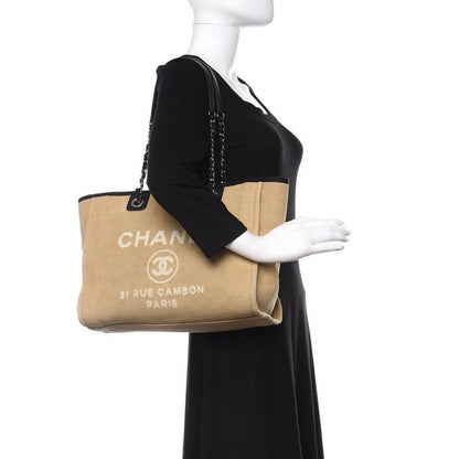 Authentic CHANEL CC Canvas Small Deauville Tote Beige Black Chain Shoulder Bag - The Reluxe