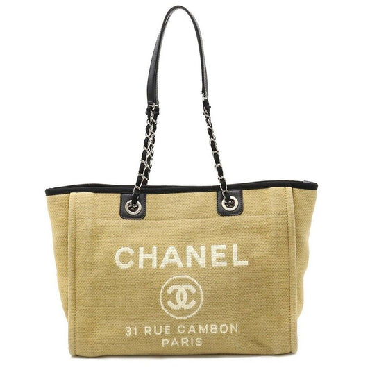 Authentic CHANEL CC Canvas Small Deauville Tote Beige Black Chain Shoulder Bag - The Reluxe