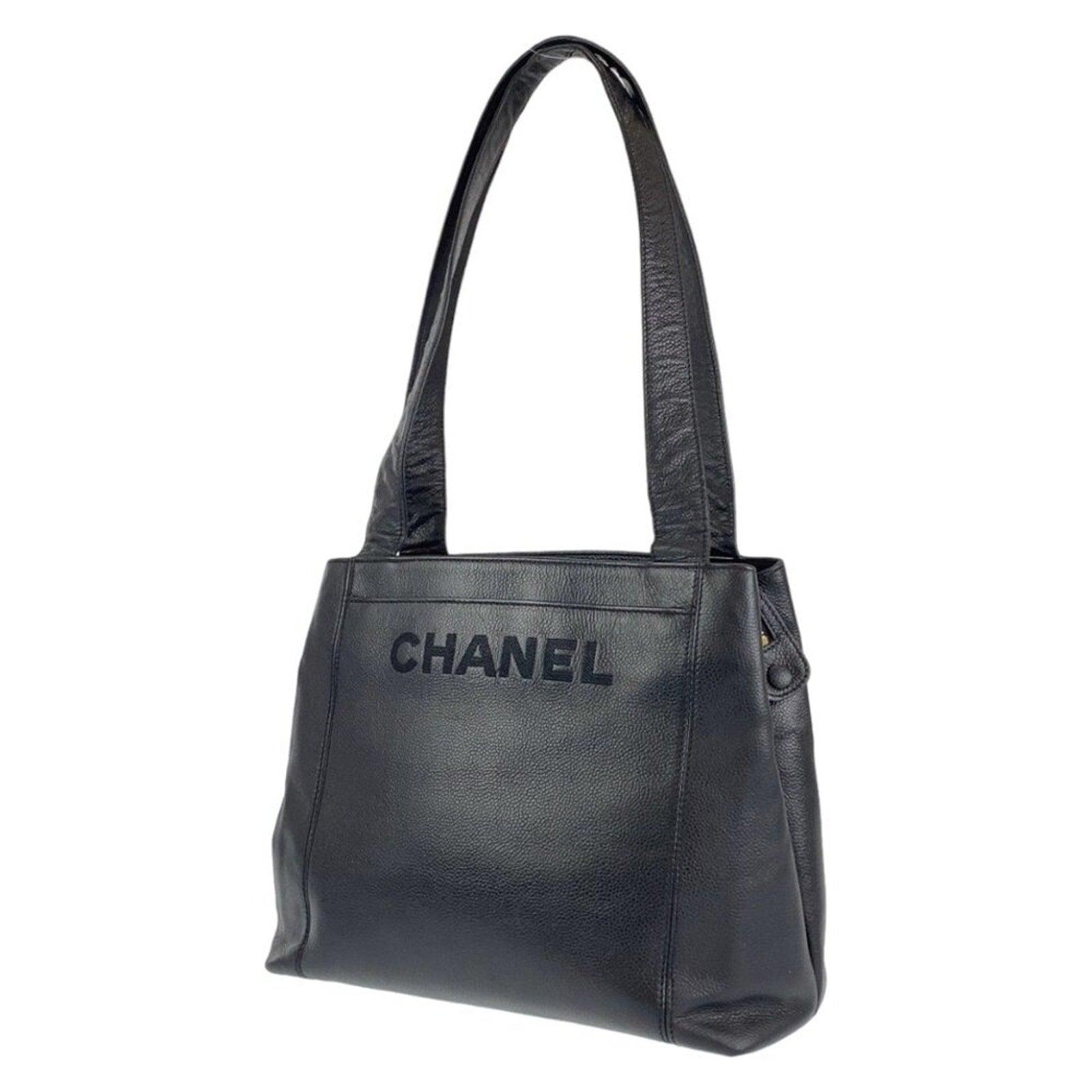 Authentic CHANEL CC Caviar Embroidered Logo Shoulder Tote Bag Black Leather Case - The Reluxe