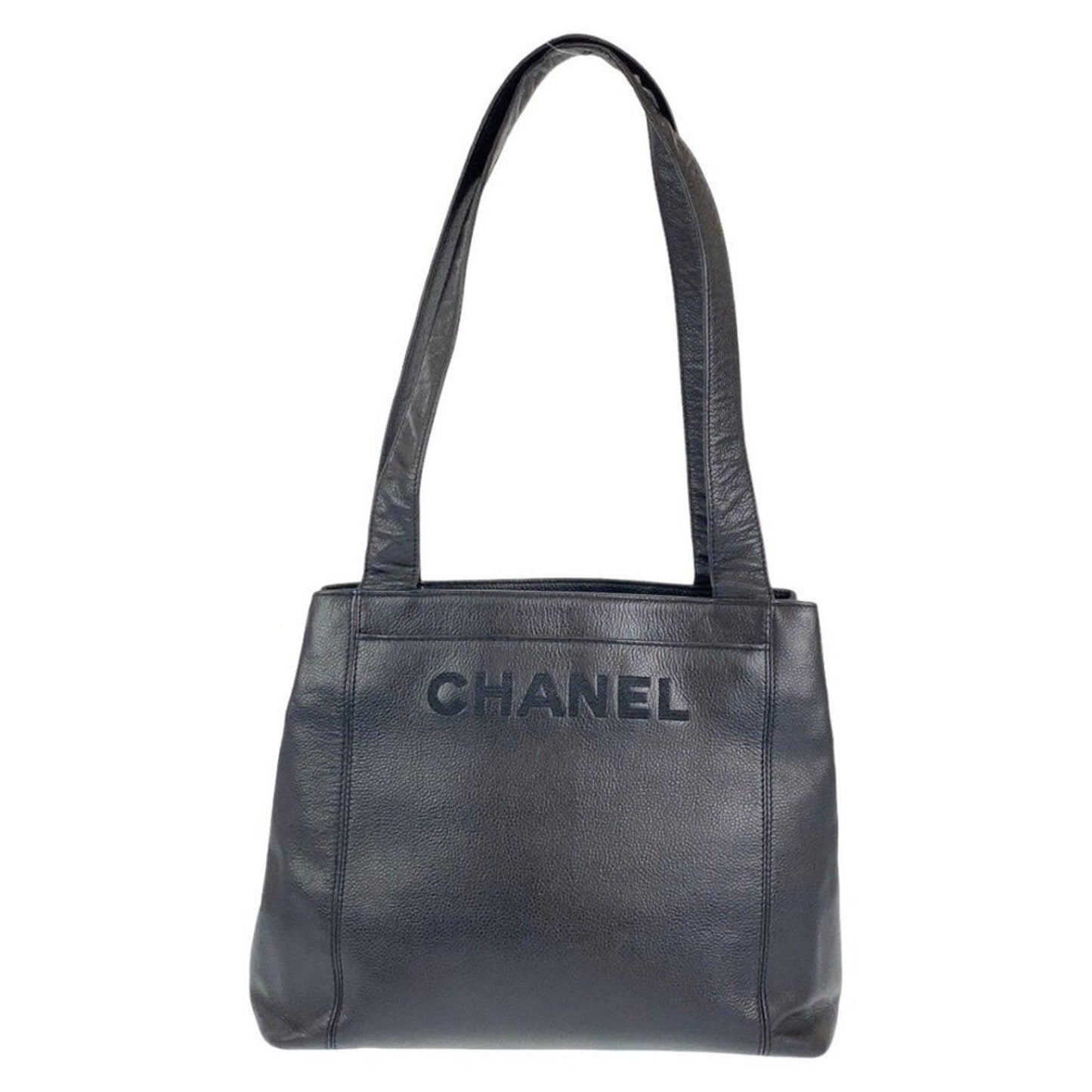 Authentic CHANEL CC Caviar Embroidered Logo Shoulder Tote Bag Black Leather Case - The Reluxe