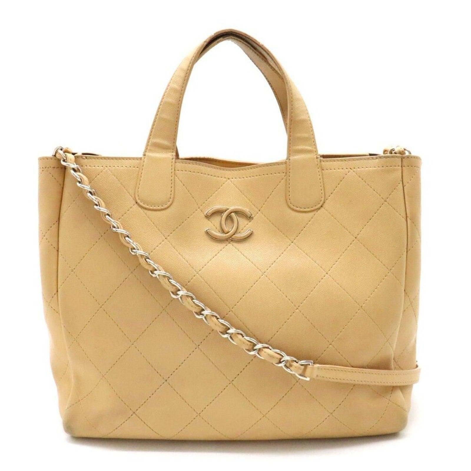 Authentic CHANEL CC Caviar Large 2Way Shoulder Tote Bag Chain Beige Leather - The Reluxe