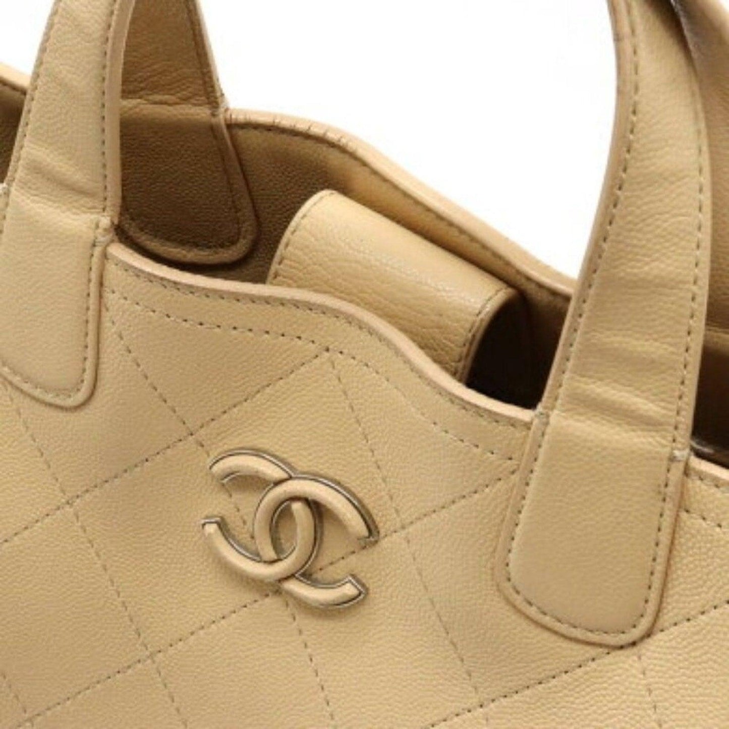 Authentic CHANEL CC Caviar Large 2Way Shoulder Tote Bag Chain Beige Leather - The Reluxe