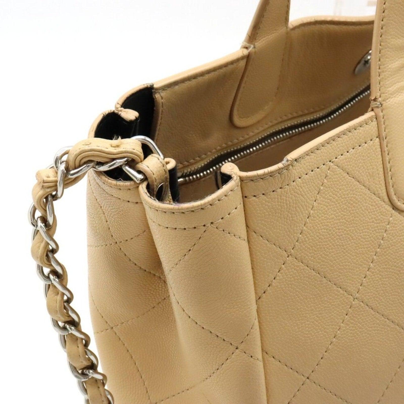 Authentic CHANEL CC Caviar Large 2Way Shoulder Tote Bag Chain Beige Leather - The Reluxe