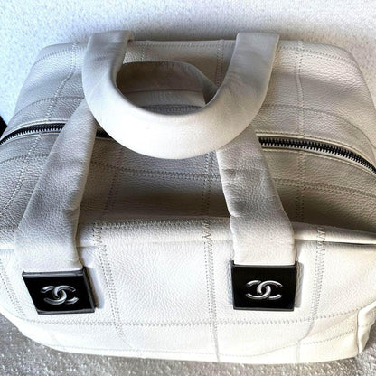 Authentic CHANEL CC Caviar Leather Boston Bag Bowler Shoulder Bag White Tote - The Reluxe