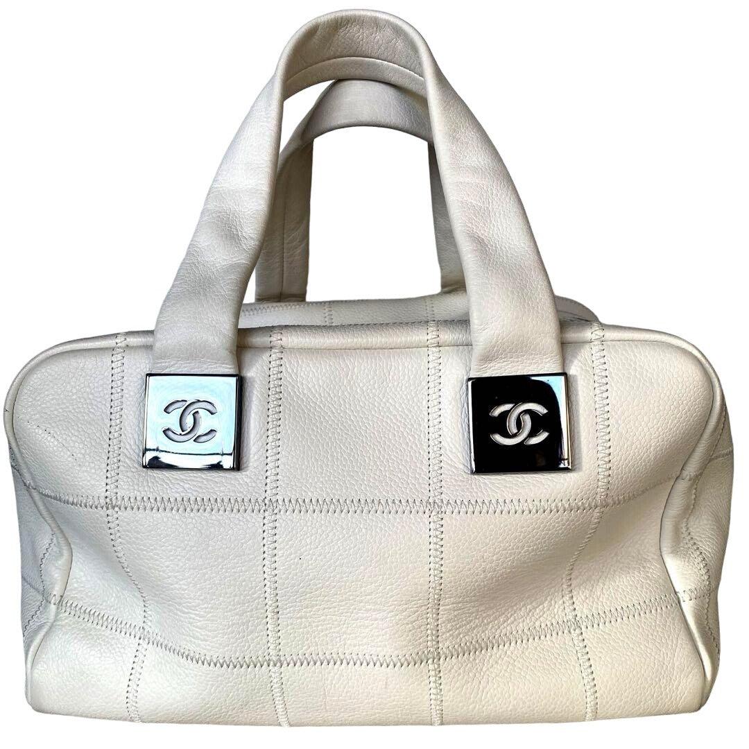 Authentic CHANEL CC Caviar Leather Boston Bag Bowler Shoulder Bag White Tote - The Reluxe