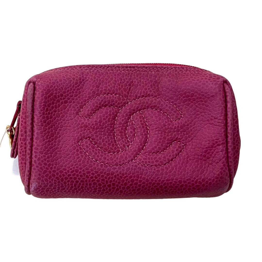 Authentic CHANEL CC Caviar Leather Coin Case Cosmetic Makeup Case Pouch Pink - The Reluxe