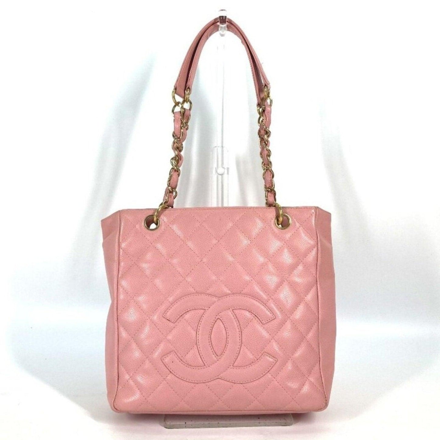 🌸 Authentic CHANEL CC Caviar Leather Petite Shopping Tote Shoulder Bag Pink PST - The Reluxe