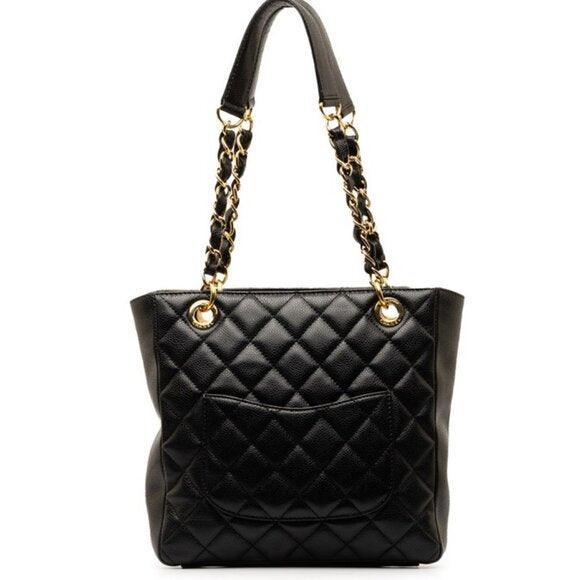 Authentic CHANEL CC Caviar Quilted Petite Shopping Tote PST Chain Black Leather Purse - The Reluxe