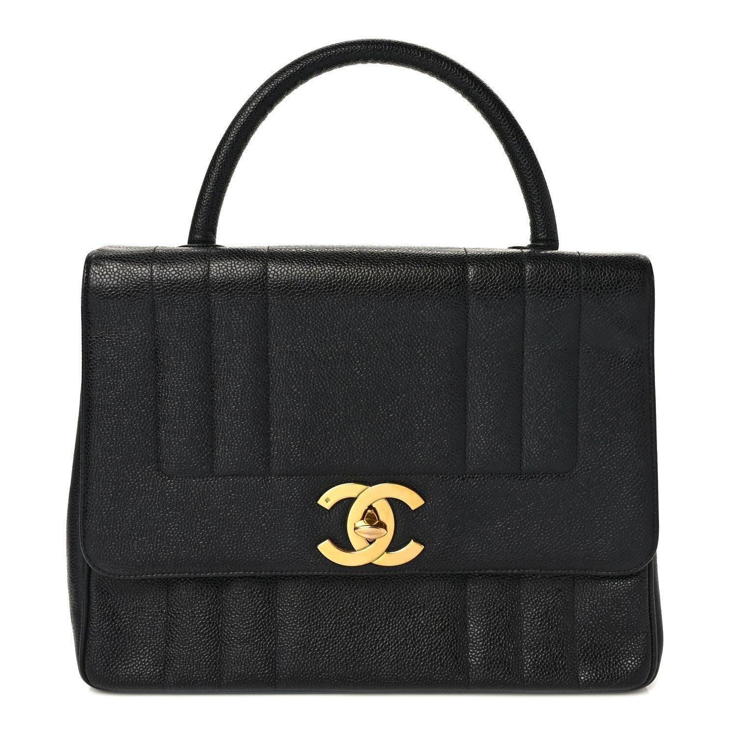 Authentic CHANEL CC Caviar Vertical Quilted Kelly Flap Bag Black Purse Handle - The Reluxe