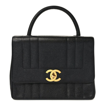 Authentic CHANEL CC Caviar Vertical Quilted Kelly Flap Bag Black Purse Handle - The Reluxe