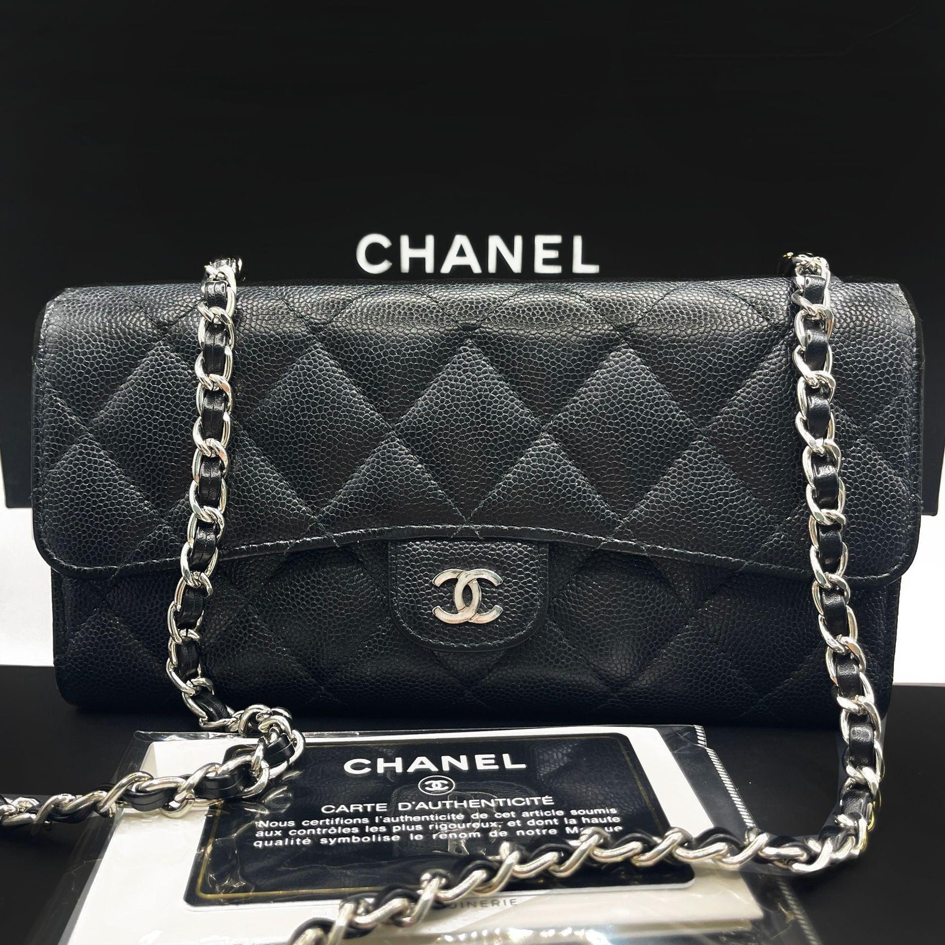 Authentic CHANEL CC Classic Caviar Flap Wallet on Chain Shoulder Crossbody Black - The Reluxe