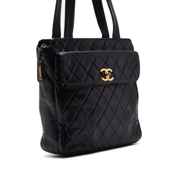 Authentic CHANEL CC Classic Lambskin Quilted CC Shoulder Bag Black Gold Tote - The Reluxe