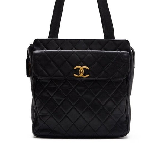 Authentic CHANEL CC Classic Lambskin Quilted CC Shoulder Bag Black Gold Tote - The Reluxe