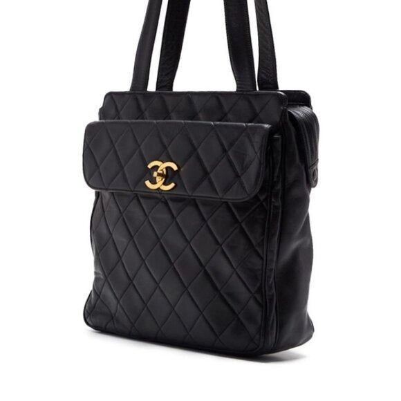 Authentic CHANEL CC Classic Lambskin Quilted CC Shoulder Bag Black Gold Tote - The Reluxe