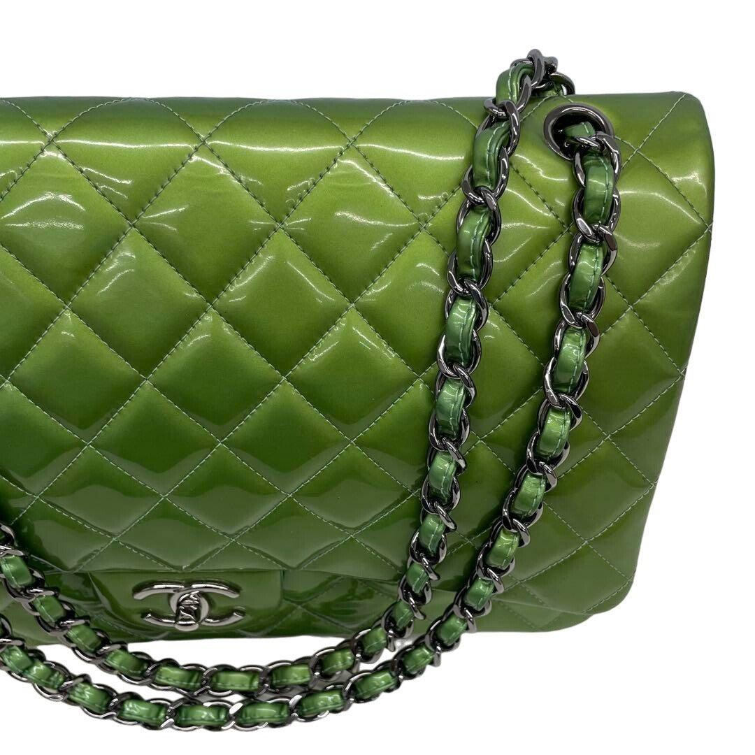 Authentic CHANEL CC Jumbo Patent Leather Classic Double Flap Bag Green Purse - The Reluxe