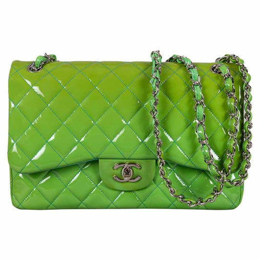 Authentic CHANEL CC Jumbo Patent Leather Classic Double Flap Bag Green Purse - The Reluxe