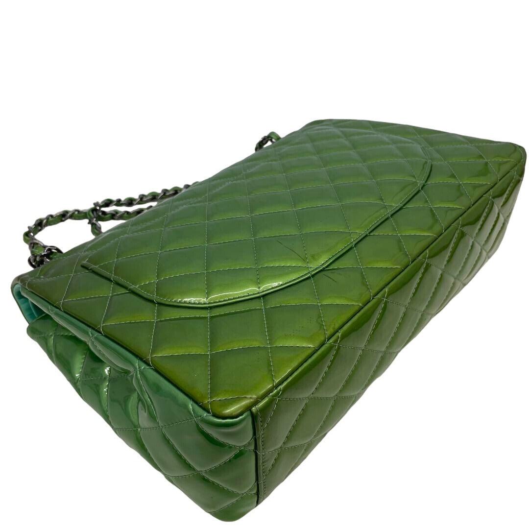 Authentic CHANEL CC Jumbo Patent Leather Classic Double Flap Bag Green Purse - The Reluxe