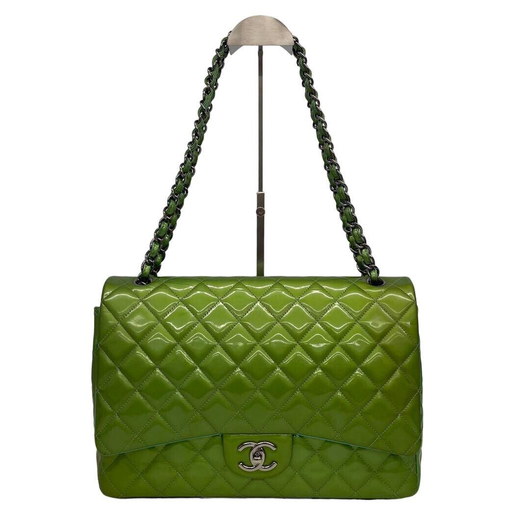 Authentic CHANEL CC Jumbo Patent Leather Classic Double Flap Bag Green Purse - The Reluxe