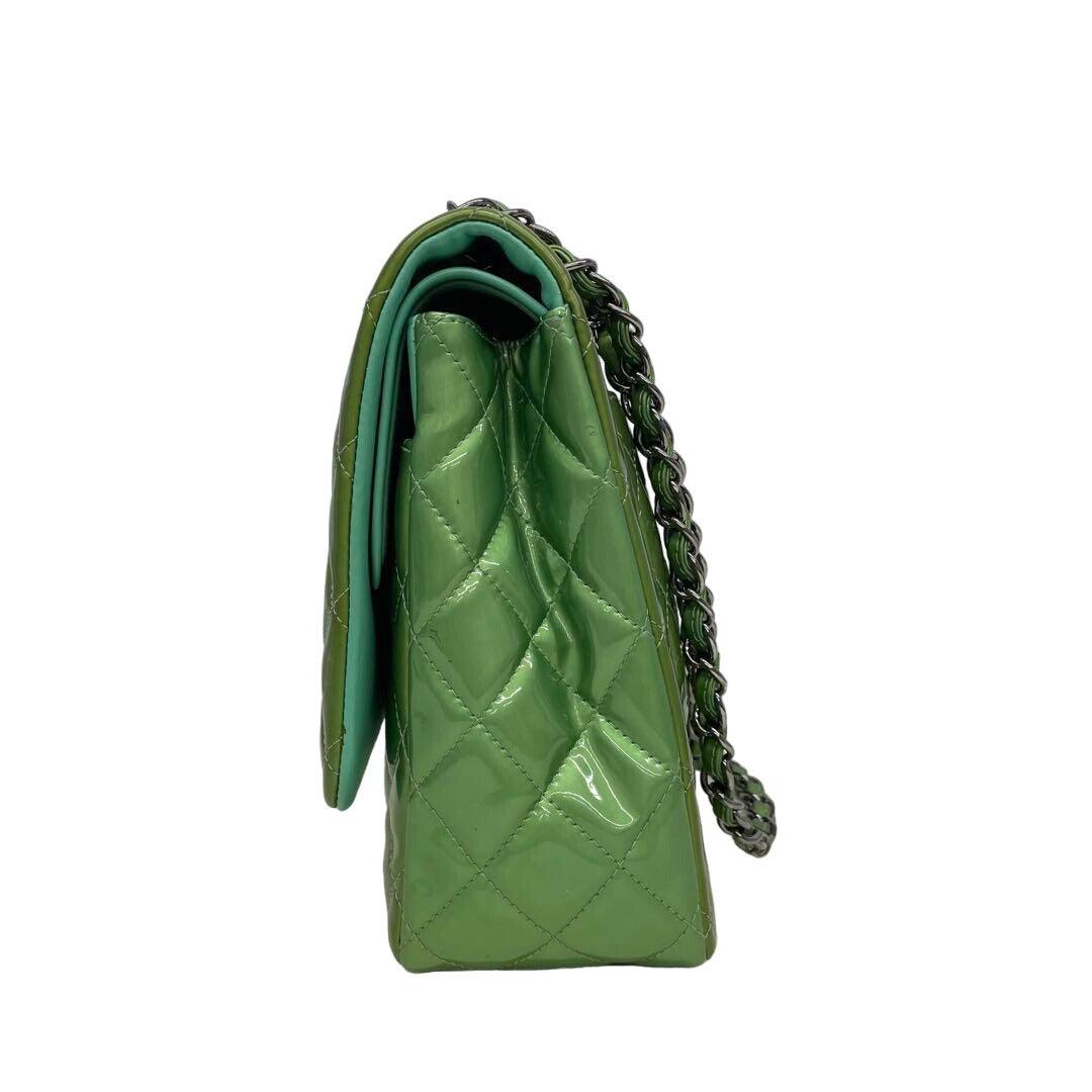 Authentic CHANEL CC Jumbo Patent Leather Classic Double Flap Bag Green Purse - The Reluxe